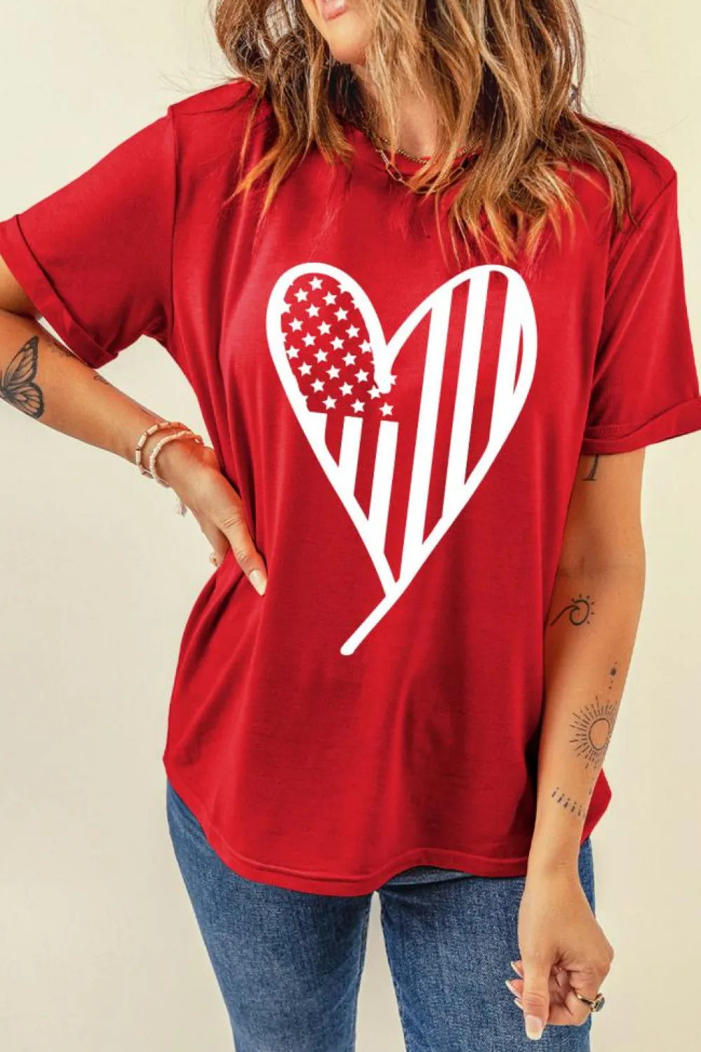 Sale Dear-Lover Red USA Flag Heart Shape Crewneck Graphic T Shirt Red-2