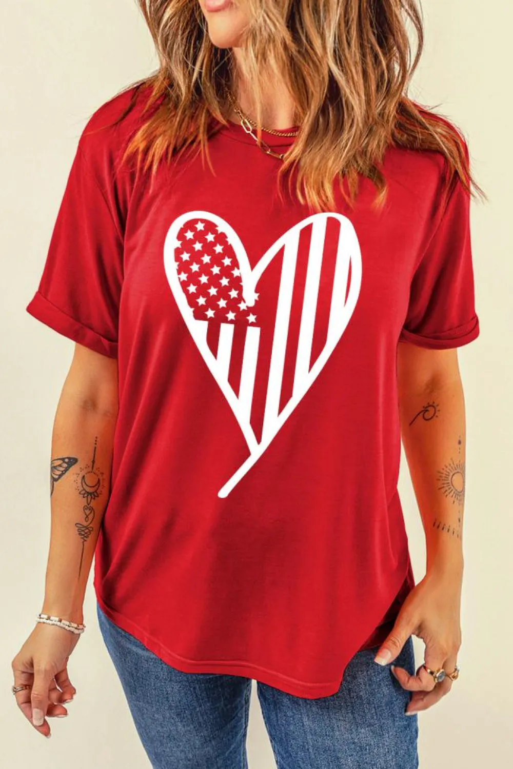 Sale Dear-Lover Red USA Flag Heart Shape Crewneck Graphic T Shirt Red-2
