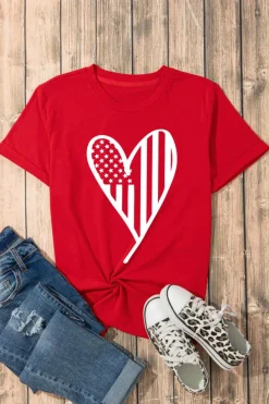 Sale Dear-Lover Red USA Flag Heart Shape Crewneck Graphic T Shirt Red-2