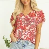 Discount Dear-Lover Vintage Floral Ruffle Sleeve V Neck Blouse Red