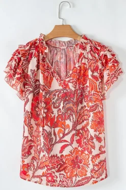 Discount Dear-Lover Vintage Floral Ruffle Sleeve V Neck Blouse Red