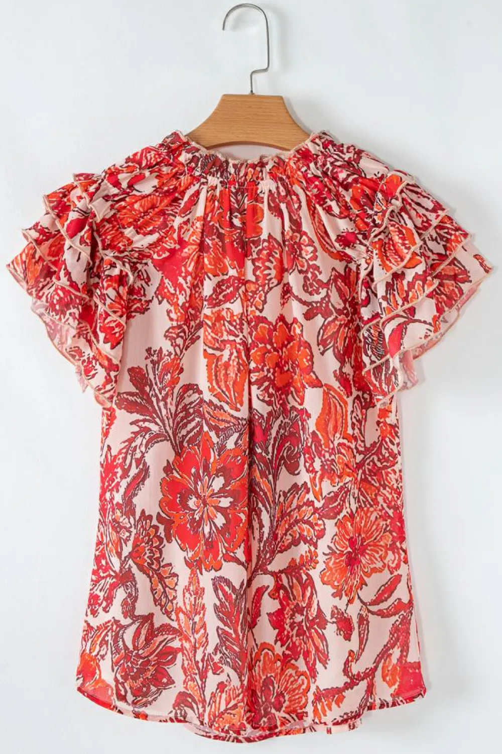 Discount Dear-Lover Vintage Floral Ruffle Sleeve V Neck Blouse Red