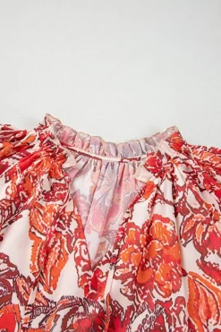 Discount Dear-Lover Vintage Floral Ruffle Sleeve V Neck Blouse Red