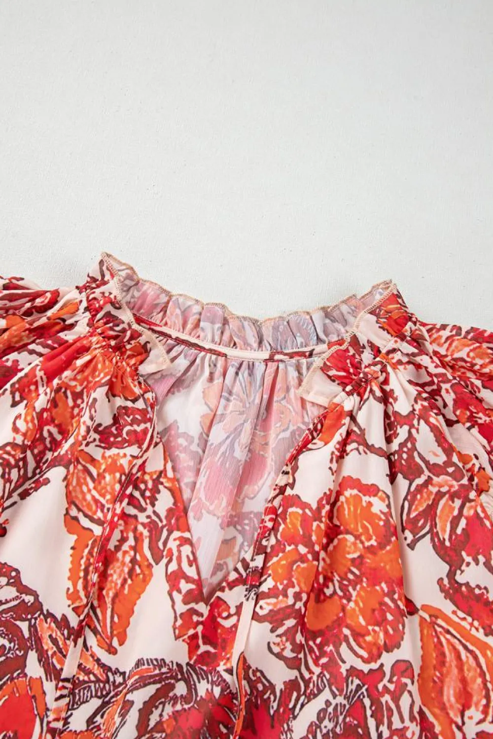 Discount Dear-Lover Vintage Floral Ruffle Sleeve V Neck Blouse Red