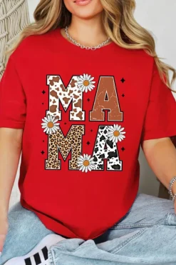 Discount Dear-Lover Red Western Animal Spots MAMA Letter Daisy Flower Printed Tee Red-2