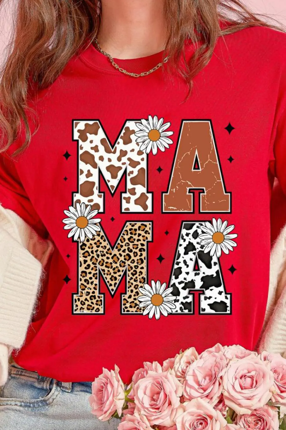 Discount Dear-Lover Red Western Animal Spots MAMA Letter Daisy Flower Printed Tee Red-2
