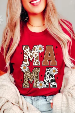 Discount Dear-Lover Red Western Animal Spots MAMA Letter Daisy Flower Printed Tee Red-2