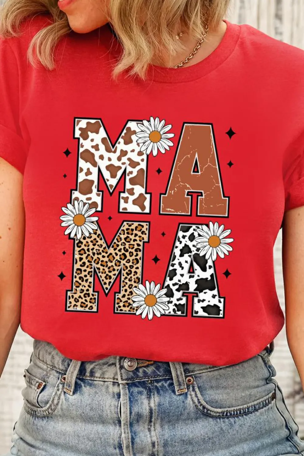 Discount Dear-Lover Red Western Animal Spots MAMA Letter Daisy Flower Printed Tee Red-2