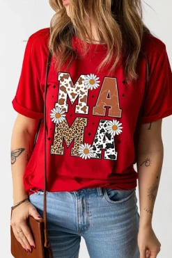Discount Dear-Lover Red Western Animal Spots MAMA Letter Daisy Flower Printed Tee Red-2