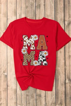 Discount Dear-Lover Red Western Animal Spots MAMA Letter Daisy Flower Printed Tee Red-2