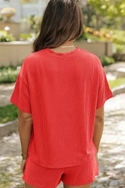 Sale Dear-Lover Ribbed Textured Knit Loose Fit Tee and Shorts Set Orange