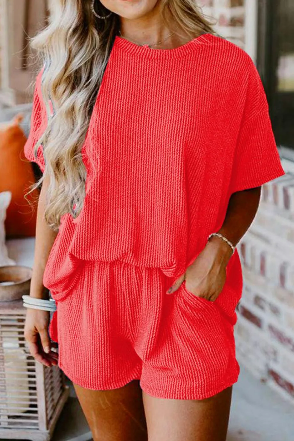 Sale Dear-Lover Ribbed Textured Knit Loose Fit Tee and Shorts Set Orange