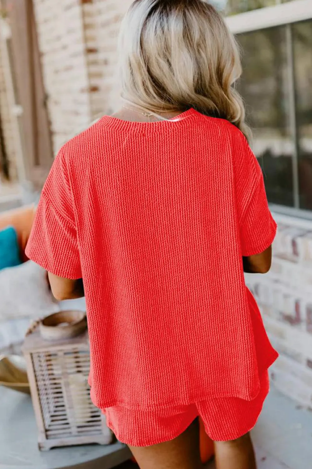 Sale Dear-Lover Ribbed Textured Knit Loose Fit Tee and Shorts Set Orange