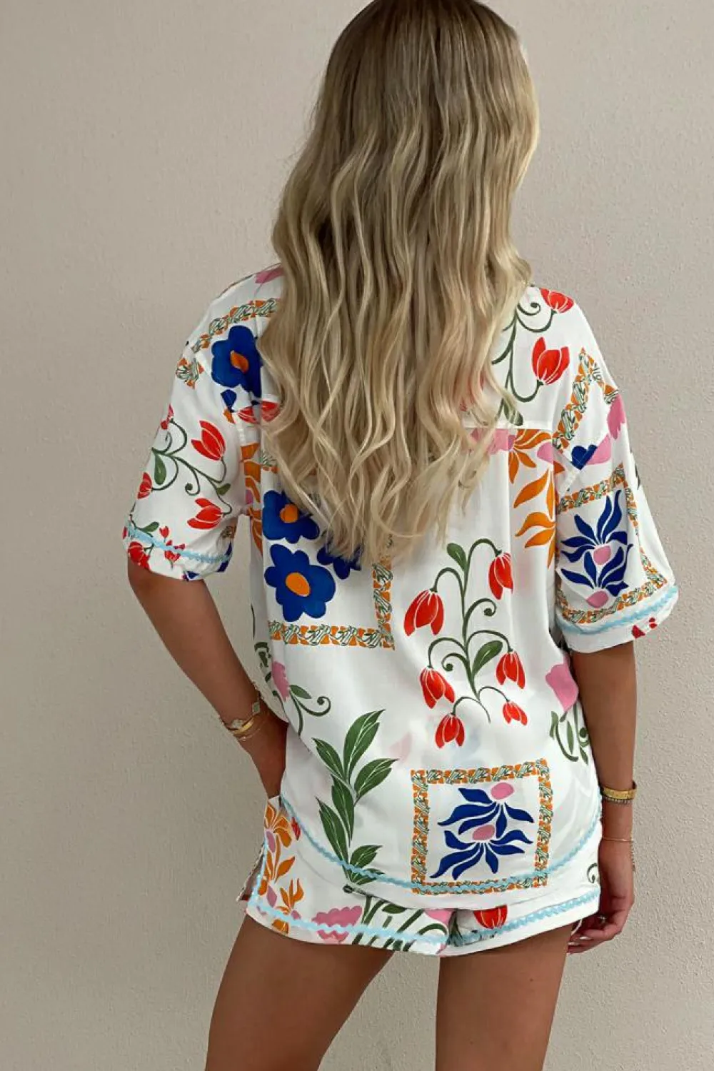 Sale Dear-Lover Ricrac Trim Floral Short Sleeve Shirt and Shorts Outfit Pink