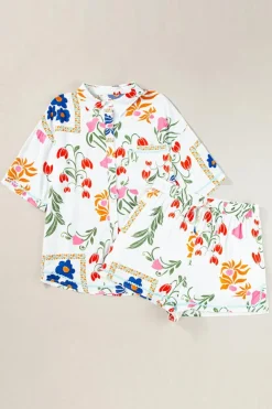 Sale Dear-Lover Ricrac Trim Floral Short Sleeve Shirt and Shorts Outfit Pink