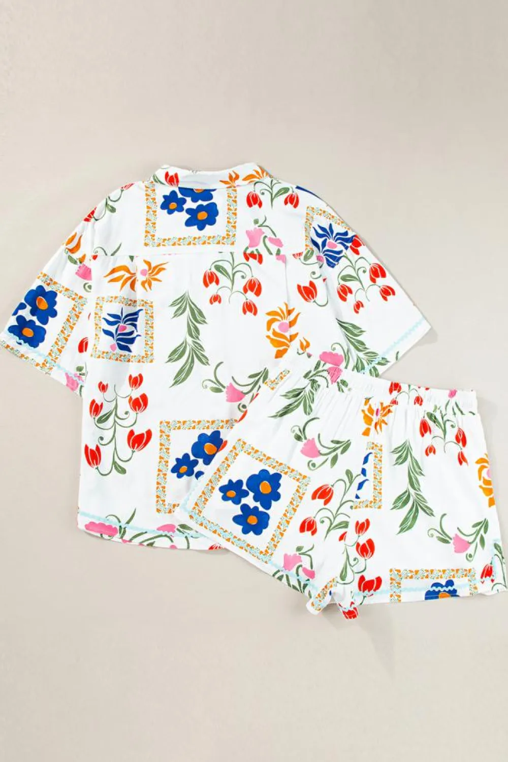 Sale Dear-Lover Ricrac Trim Floral Short Sleeve Shirt and Shorts Outfit Pink