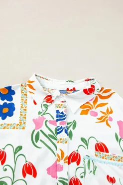 Sale Dear-Lover Ricrac Trim Floral Short Sleeve Shirt and Shorts Outfit Pink