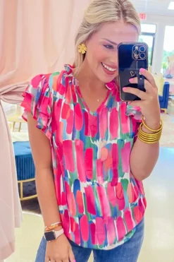 Clearance Dear-Lover Abstract Brush Print Ruffled Sleeve Frill V Neck Blouse Rose