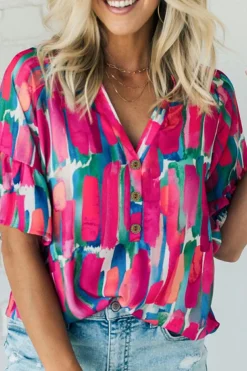 Discount Dear-Lover Abstract Brushwork Print Buttoned V Neck Blouse Rose