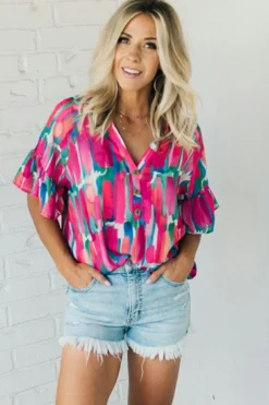 Discount Dear-Lover Abstract Brushwork Print Buttoned V Neck Blouse Rose