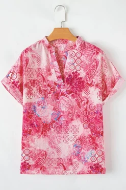 Discount Dear-Lover Abstract Floral Print Notch V Neck Rolled Short Sleeve Blouse Rose