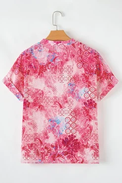 Discount Dear-Lover Abstract Floral Print Notch V Neck Rolled Short Sleeve Blouse Rose