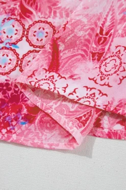 Discount Dear-Lover Abstract Floral Print Notch V Neck Rolled Short Sleeve Blouse Rose