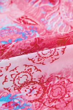 Discount Dear-Lover Abstract Floral Print Notch V Neck Rolled Short Sleeve Blouse Rose
