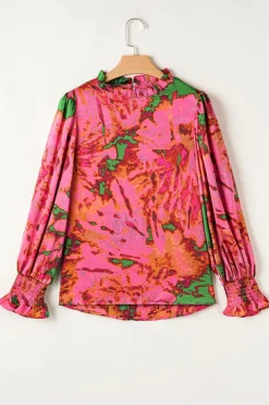 Outlet Dear-Lover Abstract Print Frilly Neckline Puff Sleeve Blouse Rose