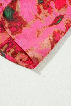 Outlet Dear-Lover Abstract Print Frilly Neckline Puff Sleeve Blouse Rose