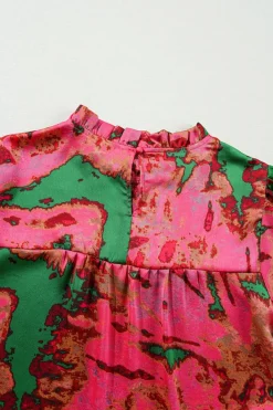 Outlet Dear-Lover Abstract Print Frilly Neckline Puff Sleeve Blouse Rose