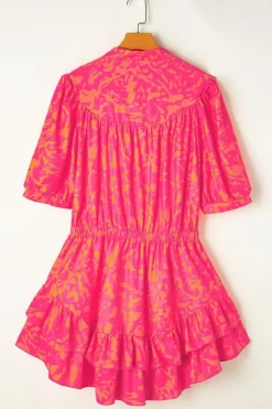 Outlet Dear-Lover Abstract Print Puff Short Sleeve Ruffled Mini Dress Rose