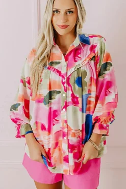 Clearance Dear-Lover Abstract Print Ruffled Puff Sleeve Shirt Rose