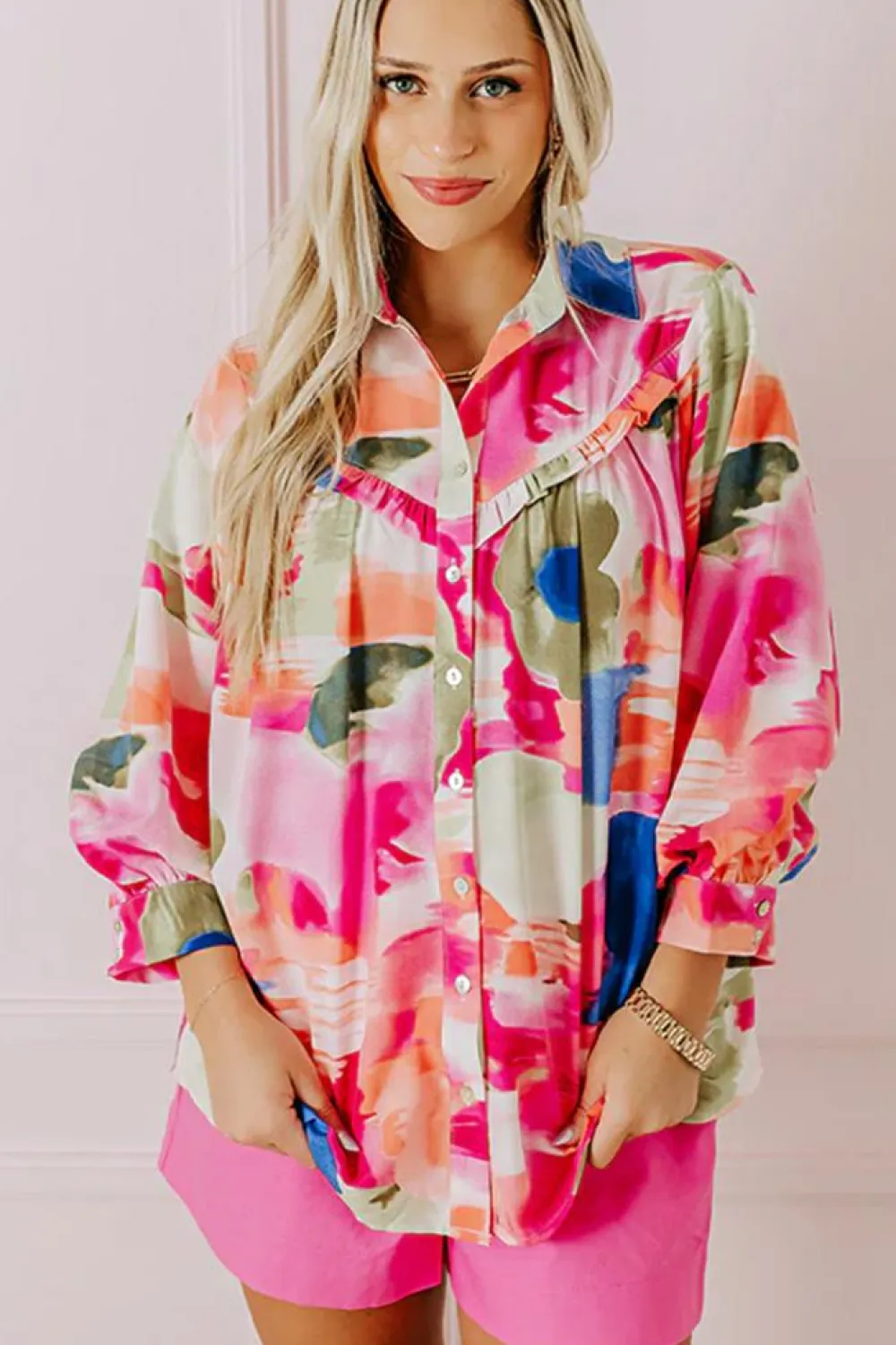 Clearance Dear-Lover Abstract Print Ruffled Puff Sleeve Shirt Rose