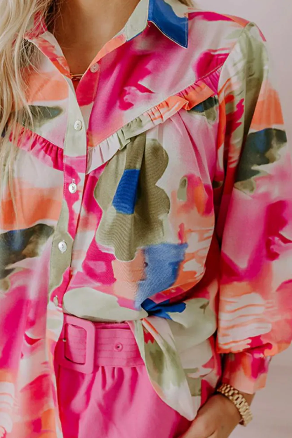 Clearance Dear-Lover Abstract Print Ruffled Puff Sleeve Shirt Rose