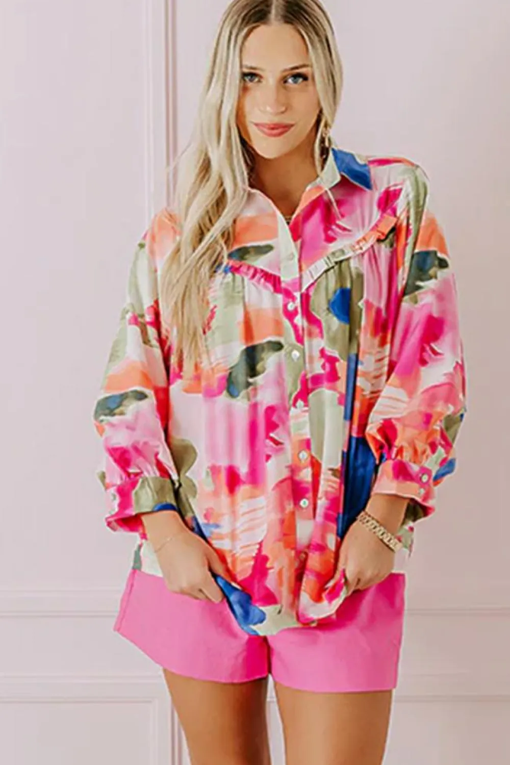 Clearance Dear-Lover Abstract Print Ruffled Puff Sleeve Shirt Rose