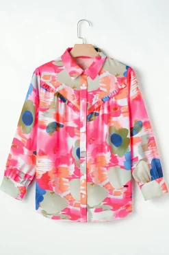 Clearance Dear-Lover Abstract Print Ruffled Puff Sleeve Shirt Rose