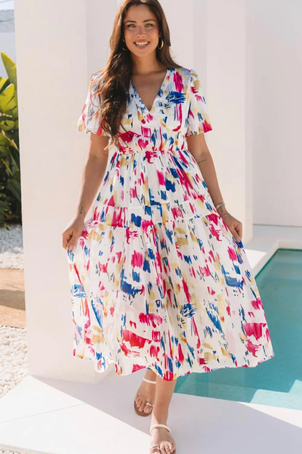 Clearance Dear-Lover Abstract Print Short Puff Sleeve Tiered Maxi Dress Rose