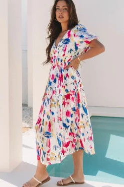 Clearance Dear-Lover Abstract Print Short Puff Sleeve Tiered Maxi Dress Rose