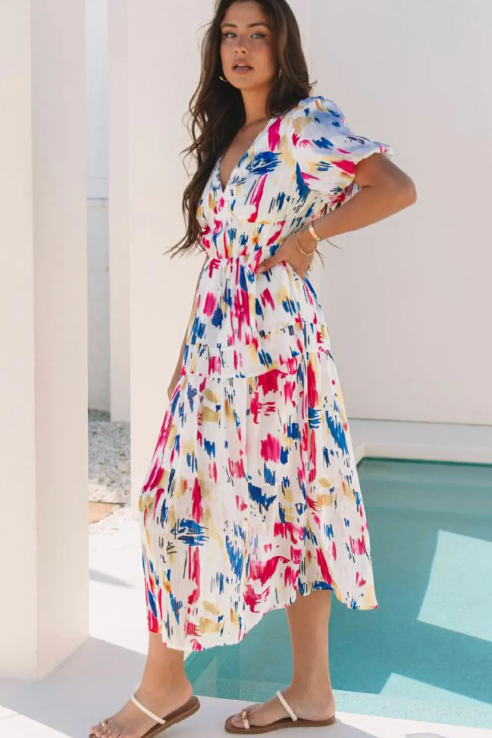 Clearance Dear-Lover Abstract Print Short Puff Sleeve Tiered Maxi Dress Rose