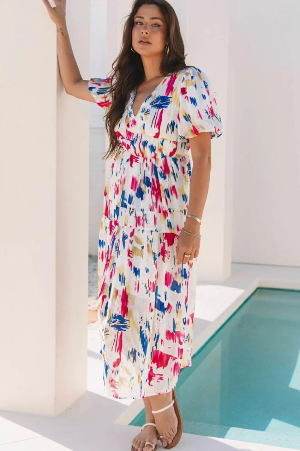 Clearance Dear-Lover Abstract Print Short Puff Sleeve Tiered Maxi Dress Rose