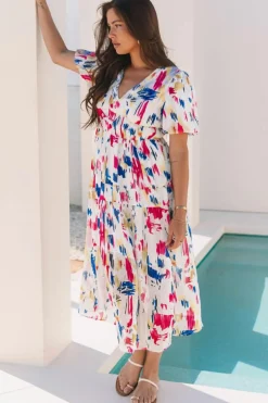 Clearance Dear-Lover Abstract Print Short Puff Sleeve Tiered Maxi Dress Rose