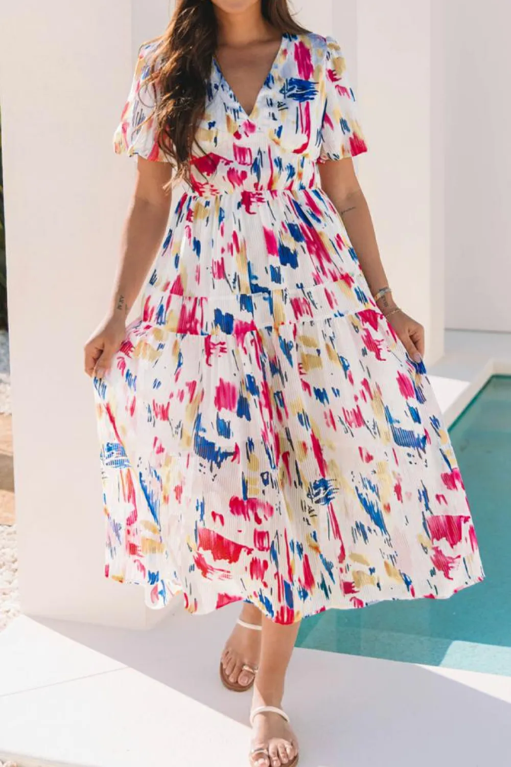 Clearance Dear-Lover Abstract Print Short Puff Sleeve Tiered Maxi Dress Rose