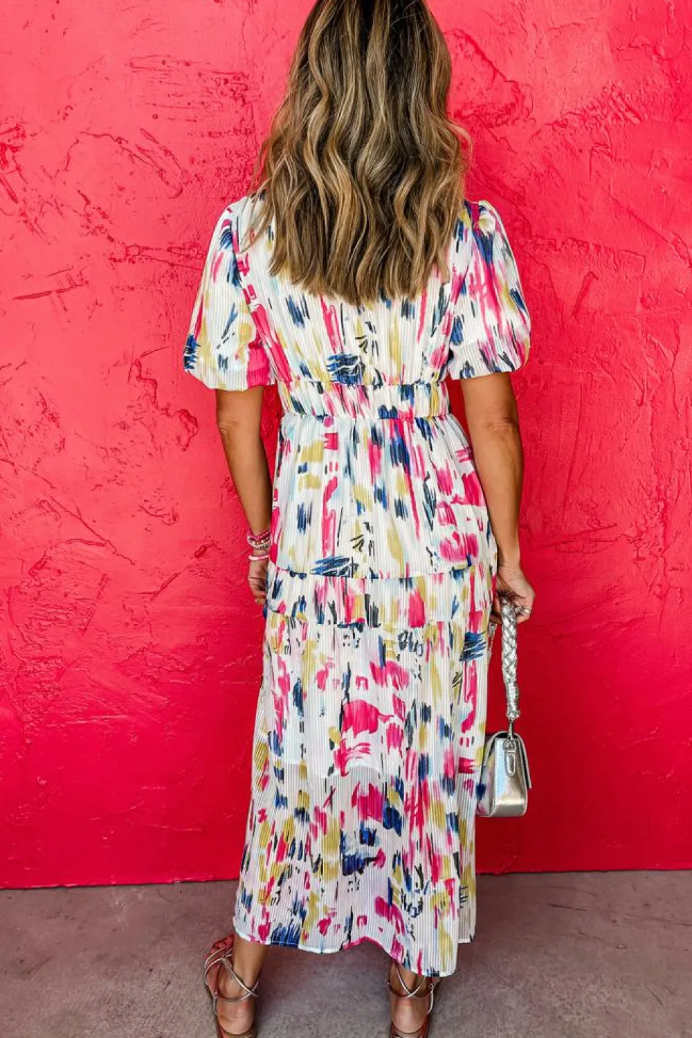 Clearance Dear-Lover Abstract Print Short Puff Sleeve Tiered Maxi Dress Rose