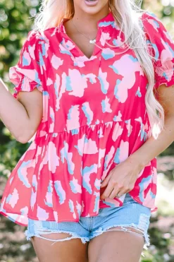 Fashion Dear-Lover Abstract Print Smocked Puff Sleeve V Neck Blouse Rose