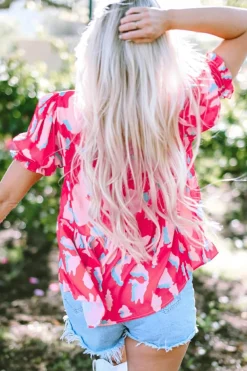 Fashion Dear-Lover Abstract Print Smocked Puff Sleeve V Neck Blouse Rose
