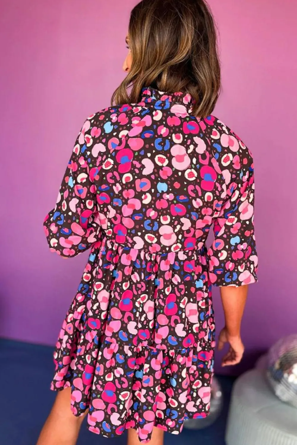 Online Dear-Lover Abstract Print V Neck Collared Half Sleeve Short Dress Rose