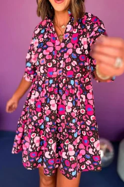 Online Dear-Lover Abstract Print V Neck Collared Half Sleeve Short Dress Rose