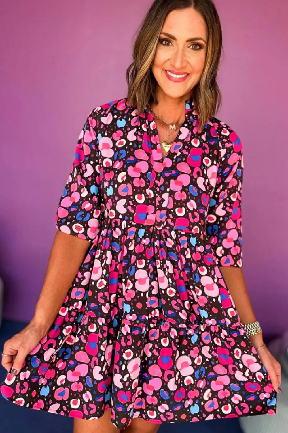 Online Dear-Lover Abstract Print V Neck Collared Half Sleeve Short Dress Rose