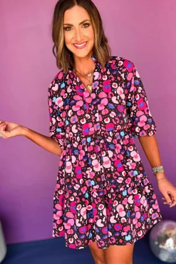 Online Dear-Lover Abstract Print V Neck Collared Half Sleeve Short Dress Rose